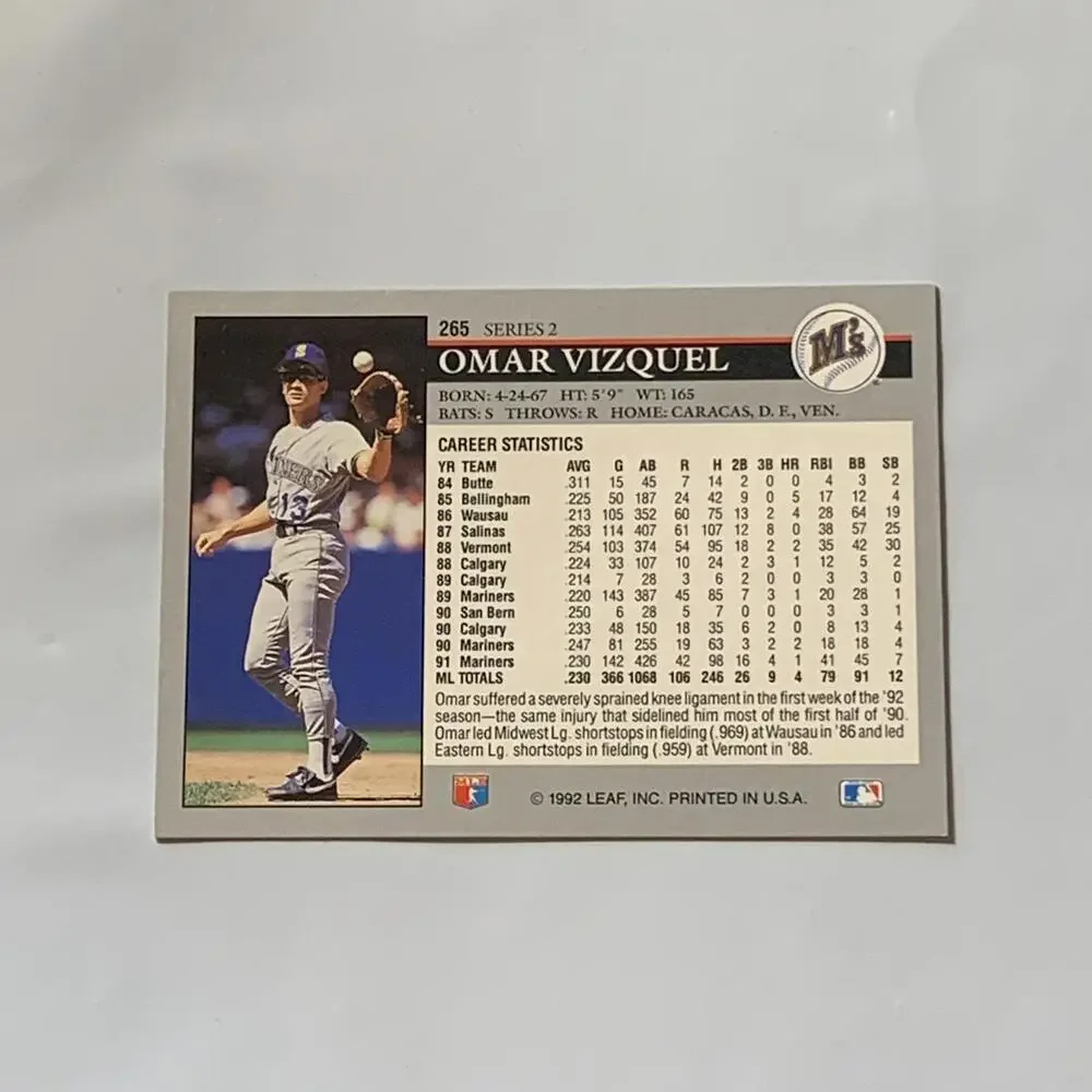 1992‎ Leaf Omar Vizquel Seattle Mariners Baseball Card #265 Series 2
